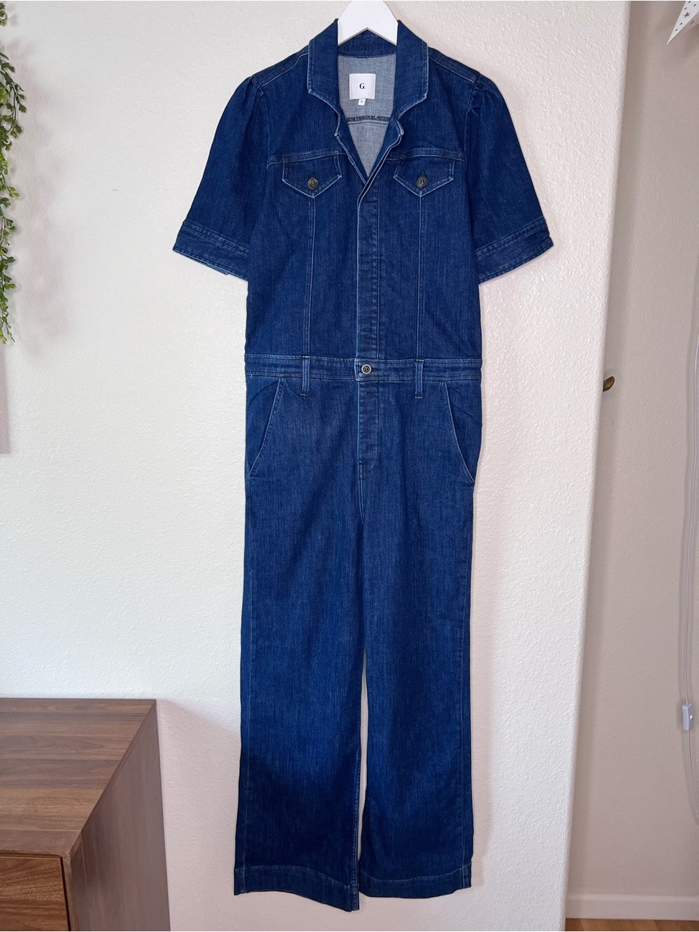 G. Denim Short-Sleeve Jumpsuit - Dark Blue Size Medium